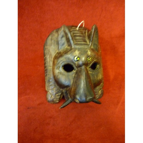84 - LOVELY CARVED AFRICAN OR EGYPTIAN WOODEN MASK WITH TUSKS.