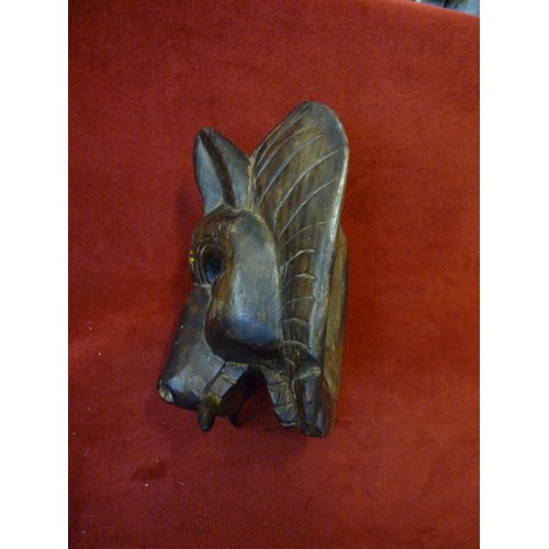 84 - LOVELY CARVED AFRICAN OR EGYPTIAN WOODEN MASK WITH TUSKS.