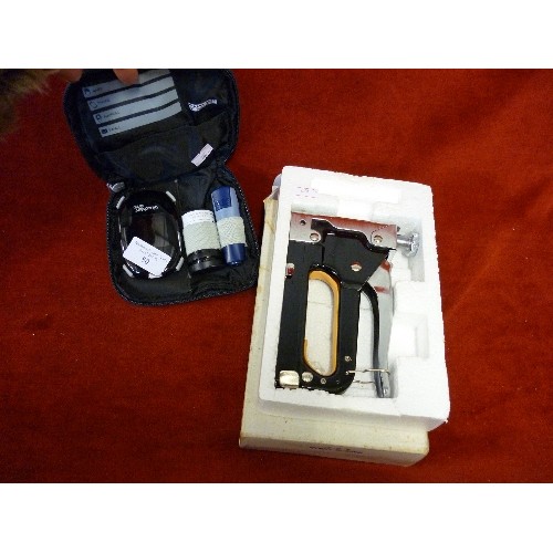 80 - STAPLE GUN, IN BOX. ALSO A GLUCOMEN DIABETES DIAGNOSTICS KIT.