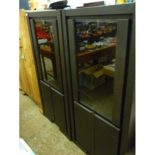 283 - A PAIR OF VERY SOLID CONTEMPORARY GLASS FRONTED BLACK ASH CABINETS, WITH GLASS DOORS AND SHELVES ON ... 