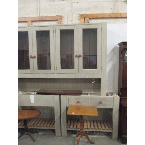 424 - A VERY LARGE PAINTED PINE BESPOKE KITCHEN DRESSER TOP AND TWO BASE UNITS WITH SLATTED SHELVES BELOW ... 