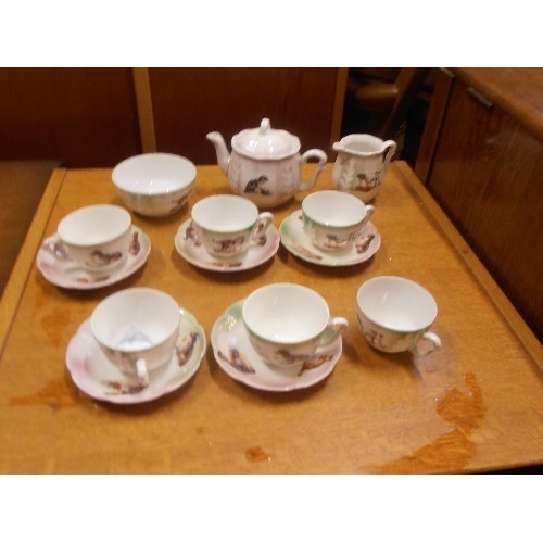 334 - LOVELY 1930'S CHILD'S TEA SET. TEA POT, SUGAR BOWL AND MILK JUG, CUPS & SAUCERS. DECORATED WITH CATS... 