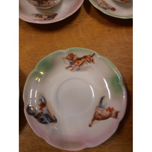 334 - LOVELY 1930'S CHILD'S TEA SET. TEA POT, SUGAR BOWL AND MILK JUG, CUPS & SAUCERS. DECORATED WITH CATS... 