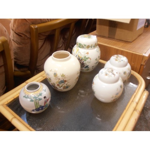 337 - VINTAGE MASONS LIDDED GINGER JAR, TOGETHER WITH A ROYAL CAULDON JAR, A PAIR OF SMALLER LIDDED GINGER... 