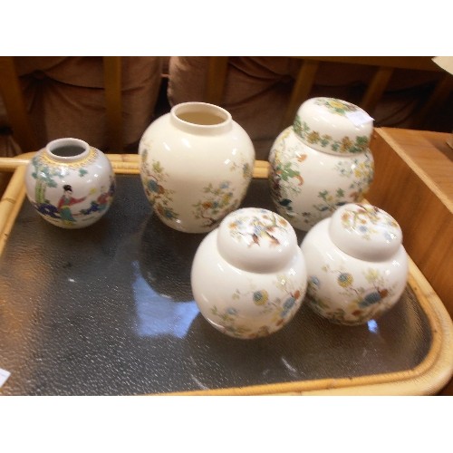 337 - VINTAGE MASONS LIDDED GINGER JAR, TOGETHER WITH A ROYAL CAULDON JAR, A PAIR OF SMALLER LIDDED GINGER... 