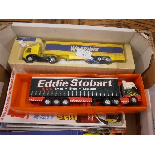 363 - 3 X SCALE MODEL HAULAGE/ROAD-TRUCKS/LORRIES, WITH BOXES[INC WEETABIX AND STOBART] TOGETHER WITH 3 LA... 