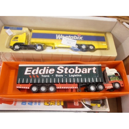 363 - 3 X SCALE MODEL HAULAGE/ROAD-TRUCKS/LORRIES, WITH BOXES[INC WEETABIX AND STOBART] TOGETHER WITH 3 LA... 