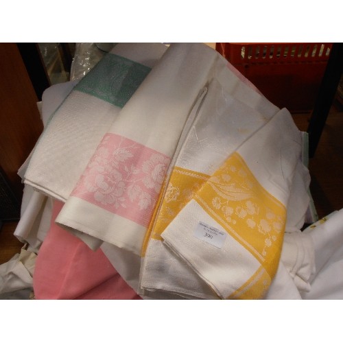 390 - QUANTITY OF VINTAGE BEDLINEN/DAMASK TABLECLOTHS WITH COLOURED BORDERS ETC. CLEAN CONDITION.