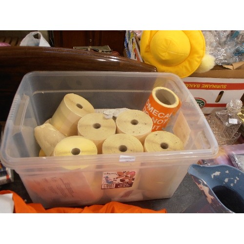 347 - LARGE SELF-ADHESIVE STICKY LABEL ROLLS. LARGE PLASTIC TUB, CONTAINS AT LEAST 12 UNUSED ROLLS.