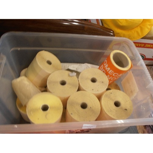 347 - LARGE SELF-ADHESIVE STICKY LABEL ROLLS. LARGE PLASTIC TUB, CONTAINS AT LEAST 12 UNUSED ROLLS.