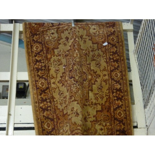 266 - 3 X WOOL RECTANGULAR RUGS. A BURGUNDY/GOLD. A DUSKY PINK, AND A DARK PINK PATTERNED.