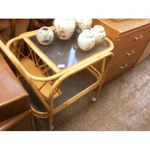 336 - RETRO BAMBOO DRINKS TROLLEY WITH CASTERS, WITH FROSTED GLASS.