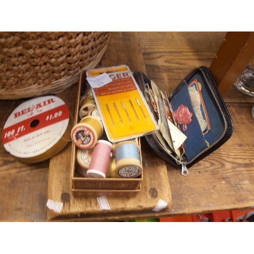 379 - VINTAGE SEWING ITEMS. INCLUDING A BOX OF SYLKOS ON WOODEN REELS, BUTTONS, THREADS, MACHINE NEEDLES, ... 