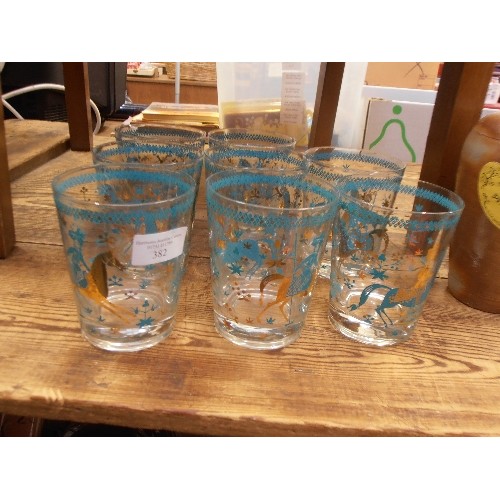 382 - SET OF 8 LARGE RETRO TUMBLERS. WITH ORIENTAL FIGURES ON HORSEBACK. GOLD AND TURQUOISE.