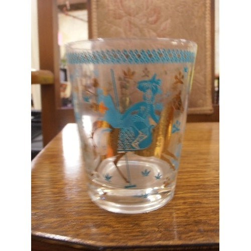 382 - SET OF 8 LARGE RETRO TUMBLERS. WITH ORIENTAL FIGURES ON HORSEBACK. GOLD AND TURQUOISE.