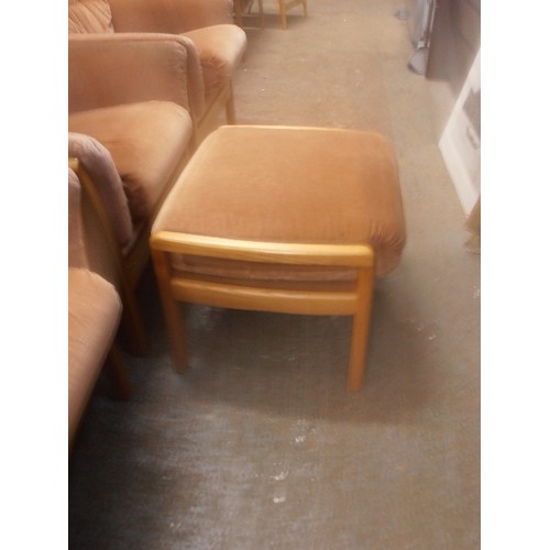 407 - 3 SQUIDGY 1960'S RETRO CHAIRS AND A FOOTSTOOL, IN CARAMEL DRALON.