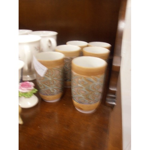 430 - 4 STUDIO POTTERY BEAKERS, TOGETHER WITH 5 AYNSLEY MUGS, A PORTMEIRION BEAKER, 2 AYNSLEY FLOWER ORNAM... 