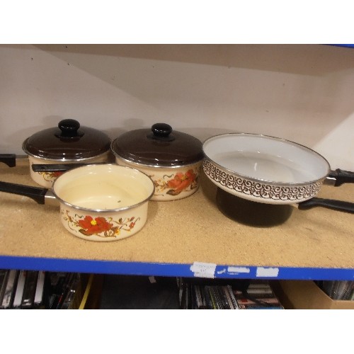 432 - RETRO ENAMEL KITCHEN PANS. BROWN, CREAM AND FLORAL!