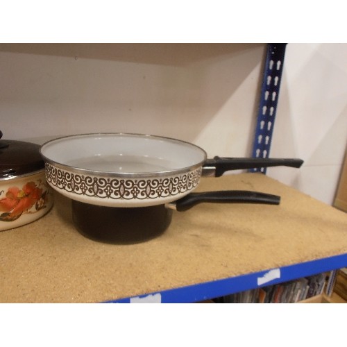 432 - RETRO ENAMEL KITCHEN PANS. BROWN, CREAM AND FLORAL!