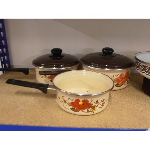 432 - RETRO ENAMEL KITCHEN PANS. BROWN, CREAM AND FLORAL!