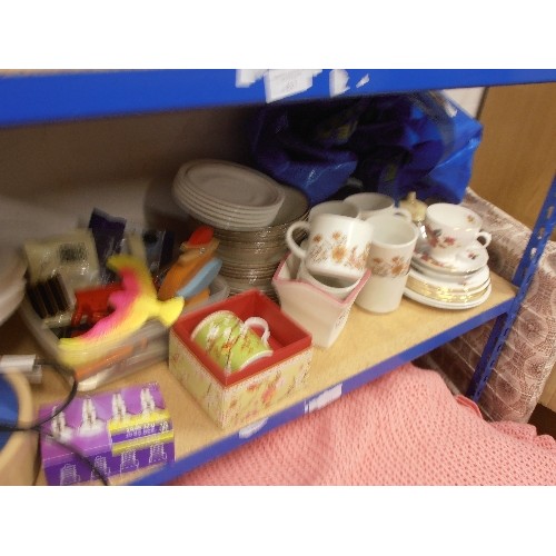 434 - LARGE SHELF OF KITCHEN AND HOUSEHOLD ITEMS. INC RETRO CROCKERY. A BRAND-NEW GIFT-BOXED JOHN LEWIS MU... 