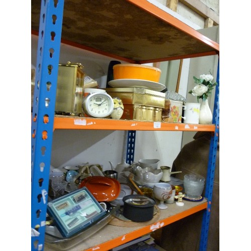 420 - 2 LARGE SHELVES OF KITCHENALIA AND HOUSEHOLD CROCKERY.