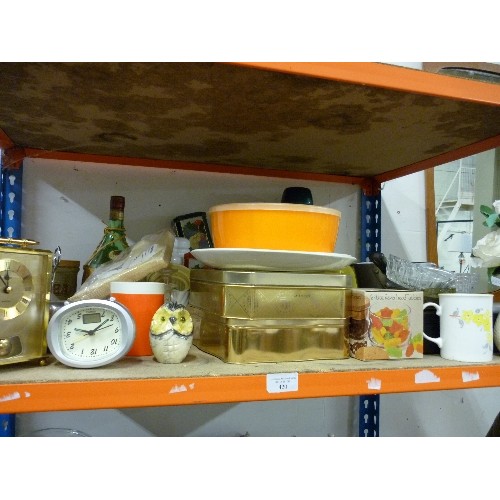 420 - 2 LARGE SHELVES OF KITCHENALIA AND HOUSEHOLD CROCKERY.