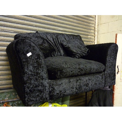 446 - BLACK CRUSHED VELVET LOVE SEAT/SOFA.