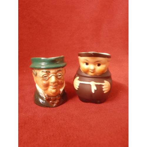 1 - 3 MINIATURE ROYAL DOULTON TOBY JUGS- GONE AWAY AND 2 OTHERS AND A MINIATURE GOEBEL MONK