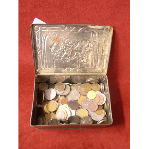 26 - METAL BOX OF MIXED FOREIGN COINS