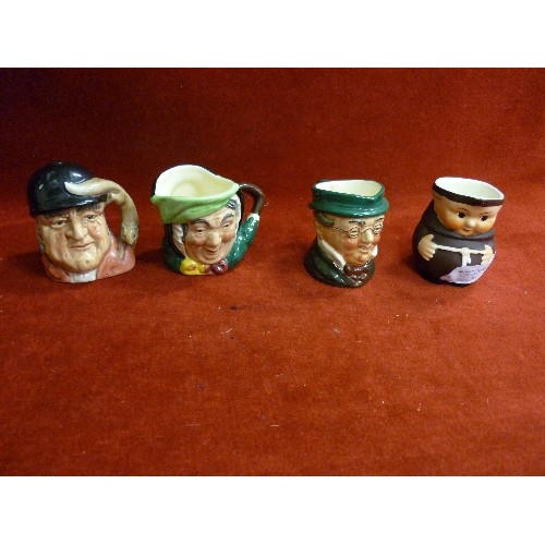 1 - 3 MINIATURE ROYAL DOULTON TOBY JUGS- GONE AWAY AND 2 OTHERS AND A MINIATURE GOEBEL MONK