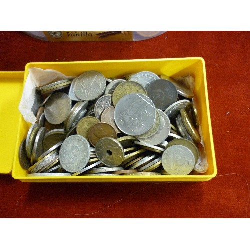 29 - TUB OF 1960'S PENNIES AND A TUB OF MIXED FOREIGN COINS