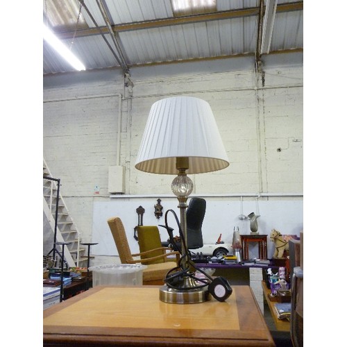 344A - ATTRACTIVE TABLE LAMP WITH BRUSHED BRONZED/GLASS BASE, AND SIMPLE PLEATED CREAM SHADE. VGC.