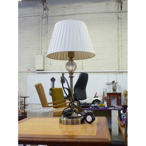 344A - ATTRACTIVE TABLE LAMP WITH BRUSHED BRONZED/GLASS BASE, AND SIMPLE PLEATED CREAM SHADE. VGC.