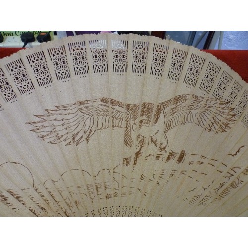 61 - JAPANESE WOOD EFFECT LARGE FAN WITH GALLOPING HORSES ONE SIDE AND A EAGLE ON THE REVERSE