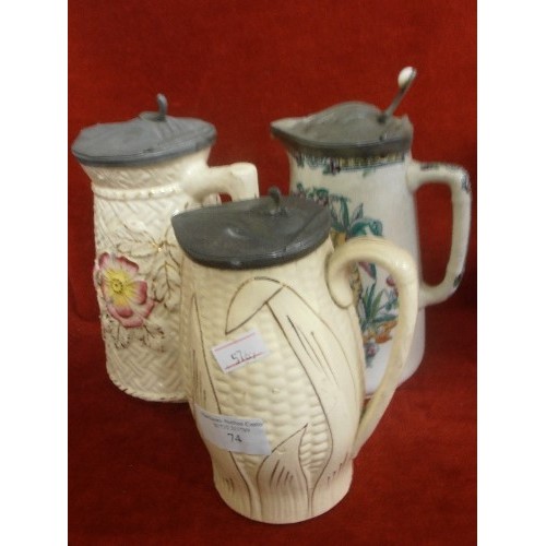 74 - 4 MID VICTORIAN JUGS WITH PEWTER LIDS, ONE IN CHINESE STYLE