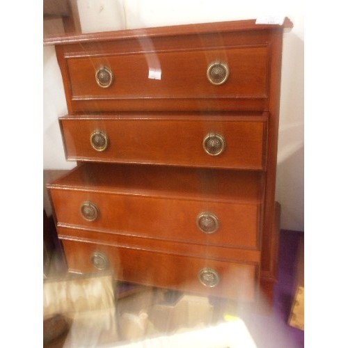 106 - SMALL MAHOGANY CHEST OF DRAWERS WITH BRASS HANDLES, MARQUETRY DETAIL TO THE TOP, 43CMW X 33CM D X 56... 