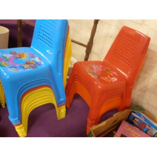 124 - QUANTITY OF RETRO-VINTAGE BRIGHT PLASTIC STACKING CHAIRS FOR TODDLERS/CHILDREN. PICTURE TRANSFERS ON... 