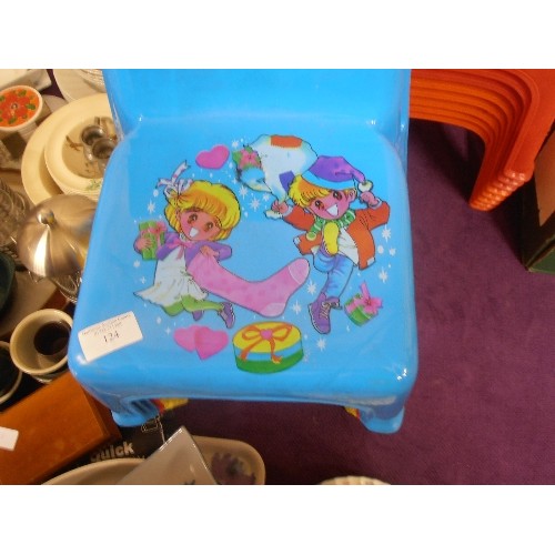 124 - QUANTITY OF RETRO-VINTAGE BRIGHT PLASTIC STACKING CHAIRS FOR TODDLERS/CHILDREN. PICTURE TRANSFERS ON... 