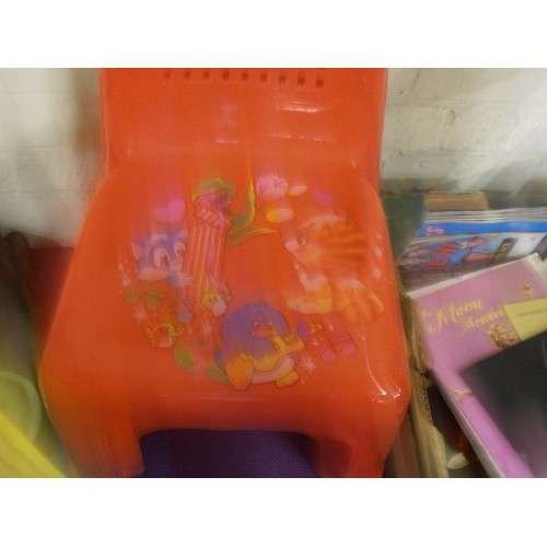 124 - QUANTITY OF RETRO-VINTAGE BRIGHT PLASTIC STACKING CHAIRS FOR TODDLERS/CHILDREN. PICTURE TRANSFERS ON... 