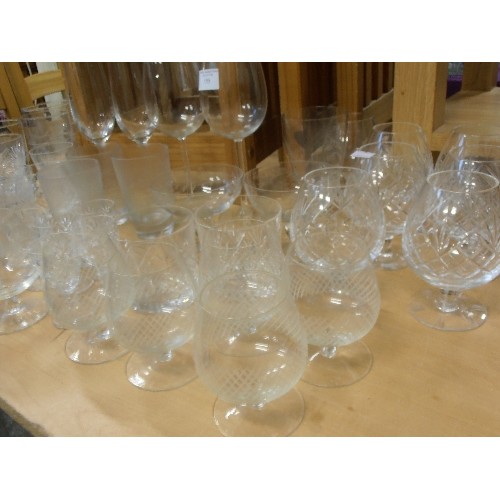 155 - CUT-GLASS WINE, BRANDY, SHERRY GLASSES, ALSO ETCHED TUMBLERS, SMOKED GLASS LICQUER COFFEE GLASSES.