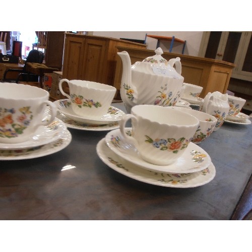 176 - AYNSLEY COTTAGE GARDEN TEA-SET. TEA-POT, MILK, SUGAR, AND 6 TRIOS.