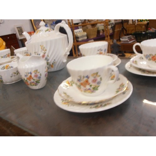 176 - AYNSLEY COTTAGE GARDEN TEA-SET. TEA-POT, MILK, SUGAR, AND 6 TRIOS.