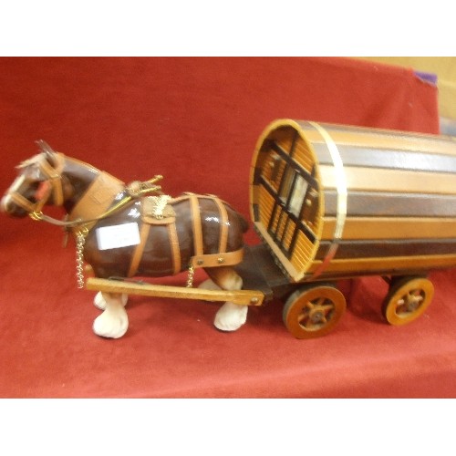 179 - LOVELY CERAMIC SHIRE HORSE, PULLING WOODEN ROMANY CARAVAN.