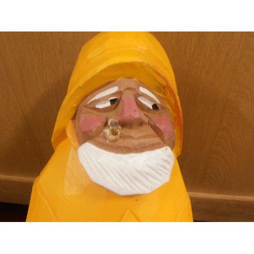 182 - LOVELY LARGE CARVED WOODEN FISHERMAN, IN HIS BRIGHT YELLOW COAT AND HAT. 60CM H.