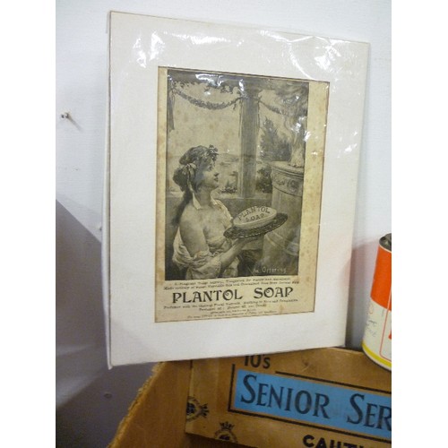 103 - ADVERTISING LOT INCLUDING  1940's SENIOR SERVICE CIGARETTE BOX, CUSTARD CANS, PLANTOL SOAP ADVERT AN... 