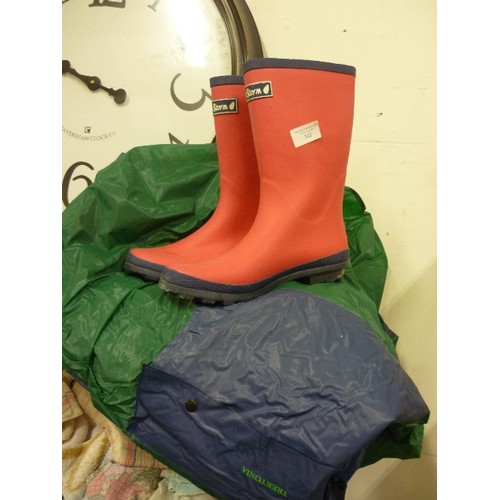 363 - PINK PETER STORM WELLY-BOOTS.  SIZE 5 HARDLY WORN, AND A LARGE WATERPROOF TREKTONIA CAPE IN GREEN AN... 