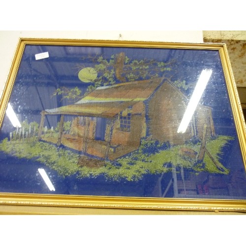 370 - LARGE GILT-FRAMED 'VELVET ART' PICTURE OF A SIMPLE SHACK, ON ROYAL BLUE BACKGROUND.