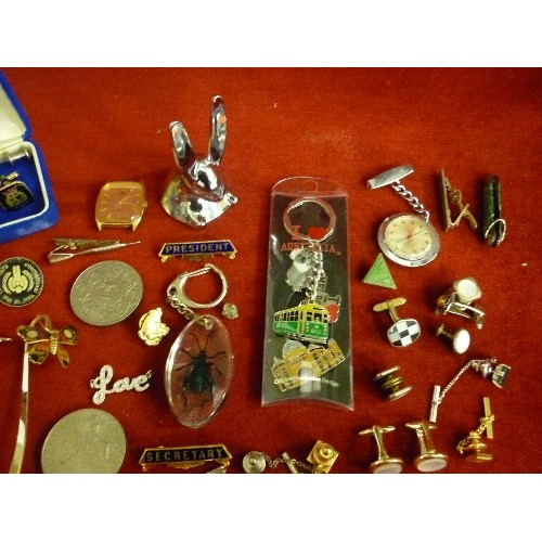 6 - BOX OF COSTUME JEWELLERY, COINS, LORUS WATCH,RNA CUFFLINKS, ETC