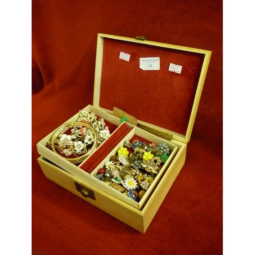 11 - JEWELLERY BOX AND CONTENTS OF COSTUME JEWELLERY BRACELETS, NECKLACES, CLIP ON EARRINGS ETC